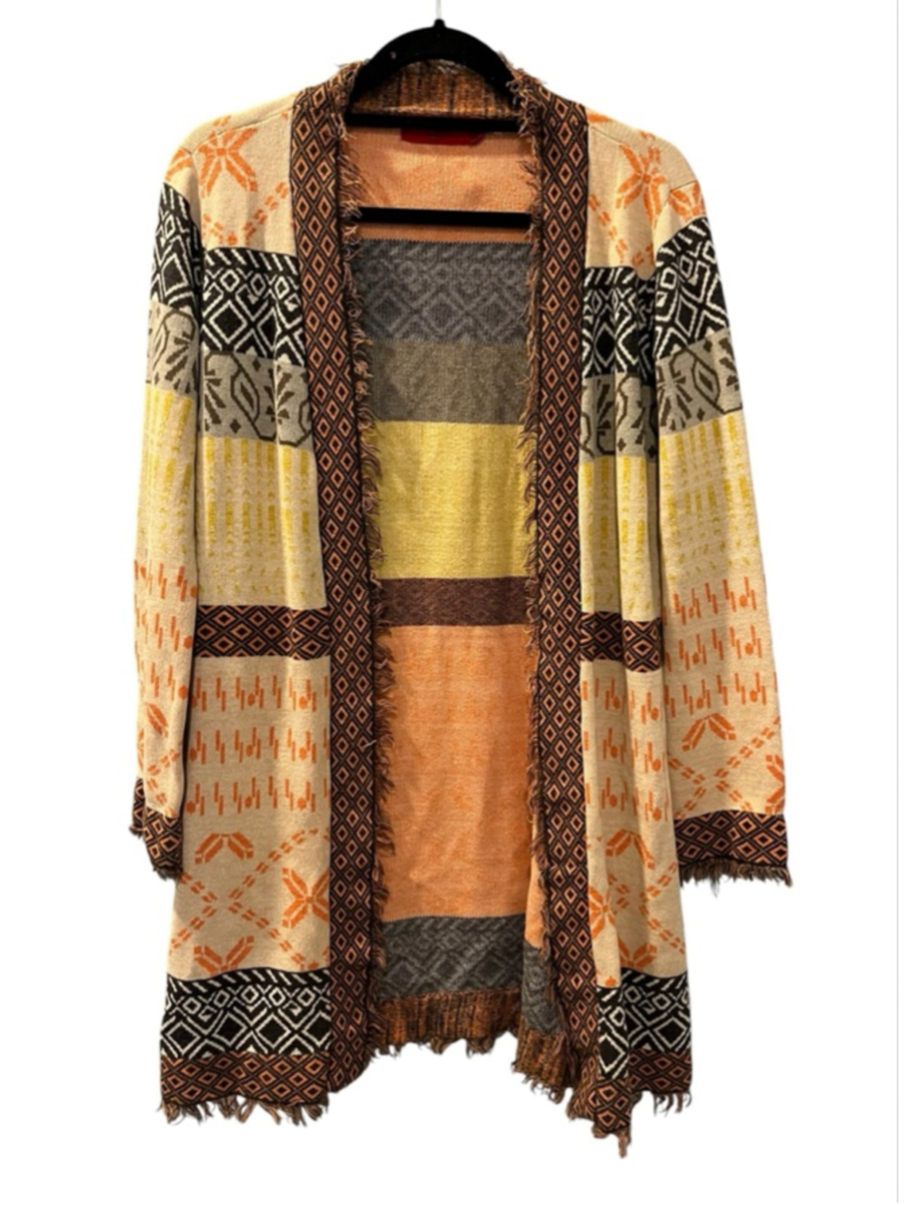 Tigerlily Boho Fringe Long Cardigan Sweater Geometric Patchwork Size Medium